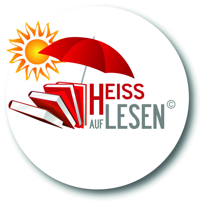 Logo Heiss auf Lesen, mit Sonne, Sonnenschirm und Büchern
