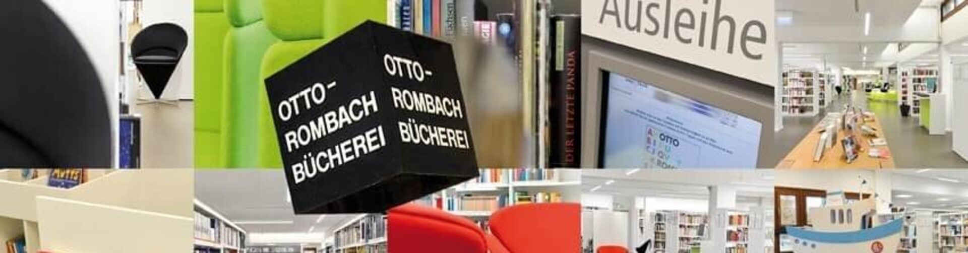 Collage mit Bildern von und über die Bücherei. Zu sehen ist ein Porträt von Otto Rombach, das Spielschiff der Kinderbücherei, diverse Medien, die Rückgabe- und Informationstheke Header_Ueber_Uns.jpg