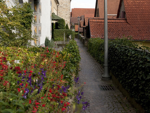 Hexenwegle Schmaler Weg mit Blummen. Zwischen kleinen Häusern