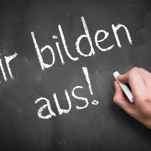 Bild einer Hand, die den Schriftzug "Wir bilden aus!" auf eine Tafel schreibt Header_Ausbildung_und_Praktika.jpg