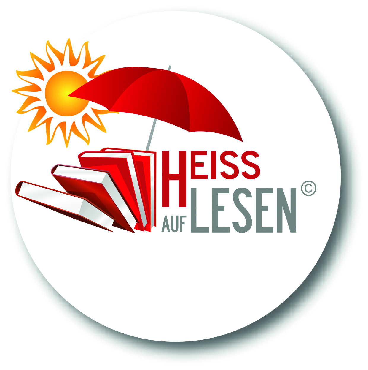 Logo Heiss auf Lesen, mit Sonne, Sonnenschirm und Büchern