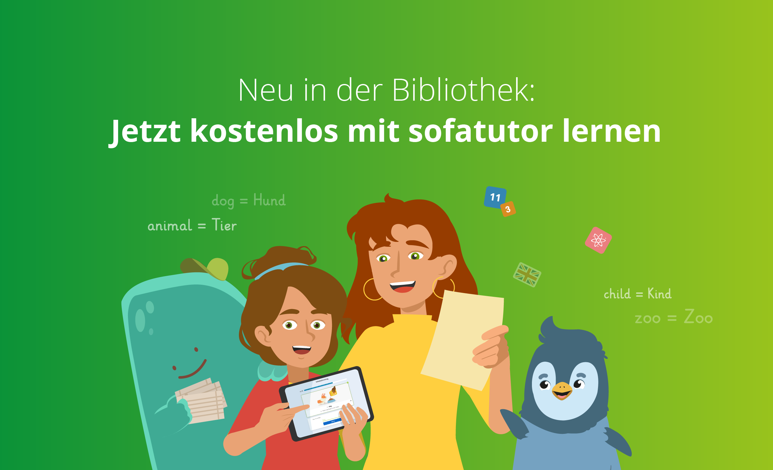 Gezeichnetes Bild von einer Frau und einem Mädchen, diese halten ein Tablet und Lernunterlagen hoch