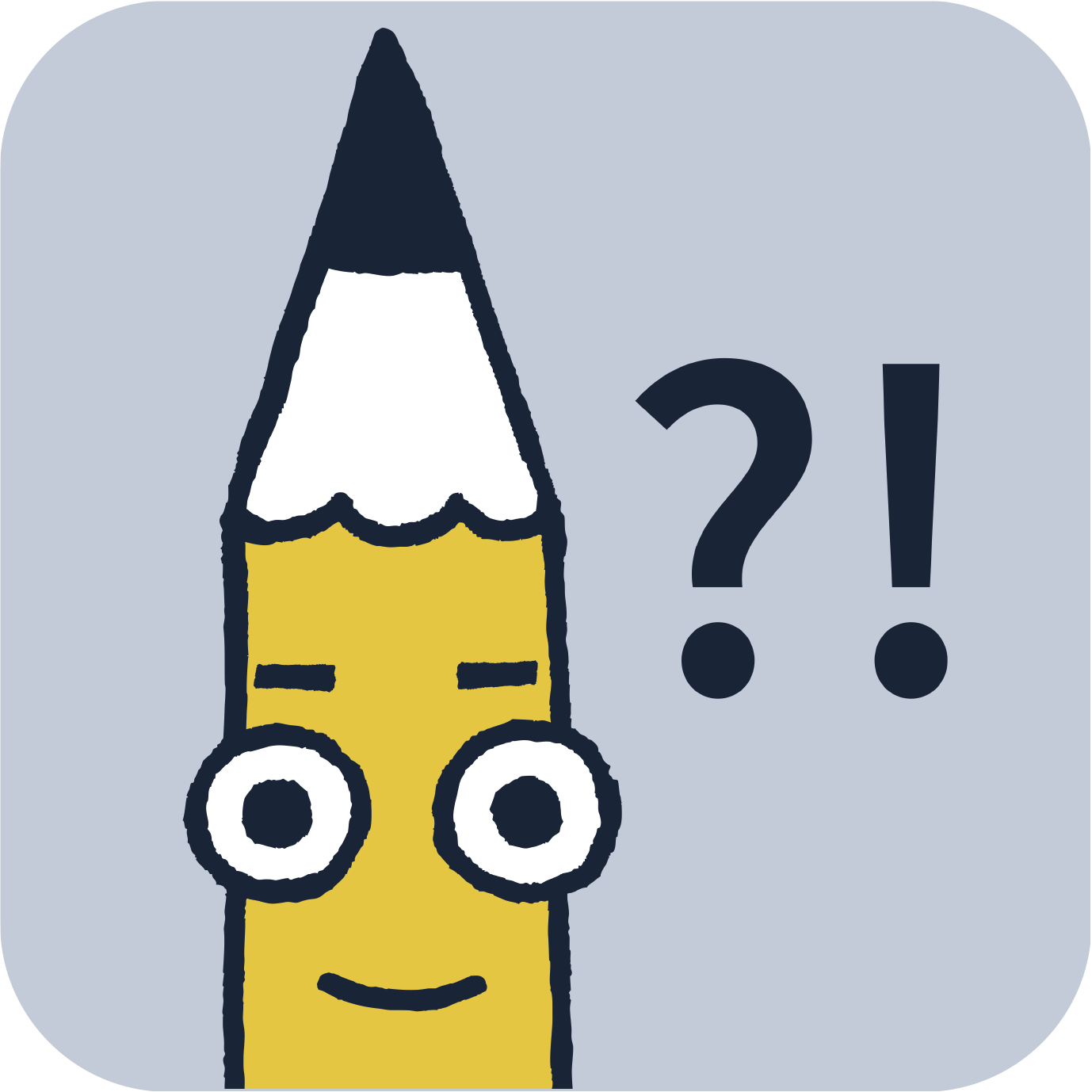 Das Logo der App Starthilfe: Ein gelber Bleistift mit Gesicht, daneben befindet sich ein Fragezeichen und ein Ausrufezeichen. Auf grauem Hintergrund.